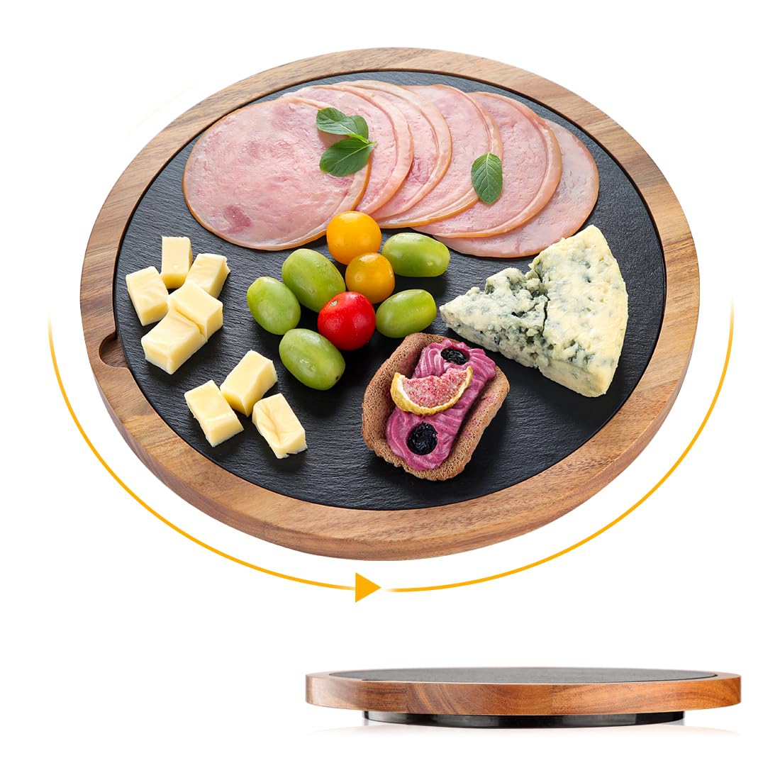 Plateau de service en bois d'acacia rotatif à 360° avec plateau en ardoise | Plateau à fromage rustique, planche à steak, plaque de grill et planche à sushi | Idéal pour la viande, le