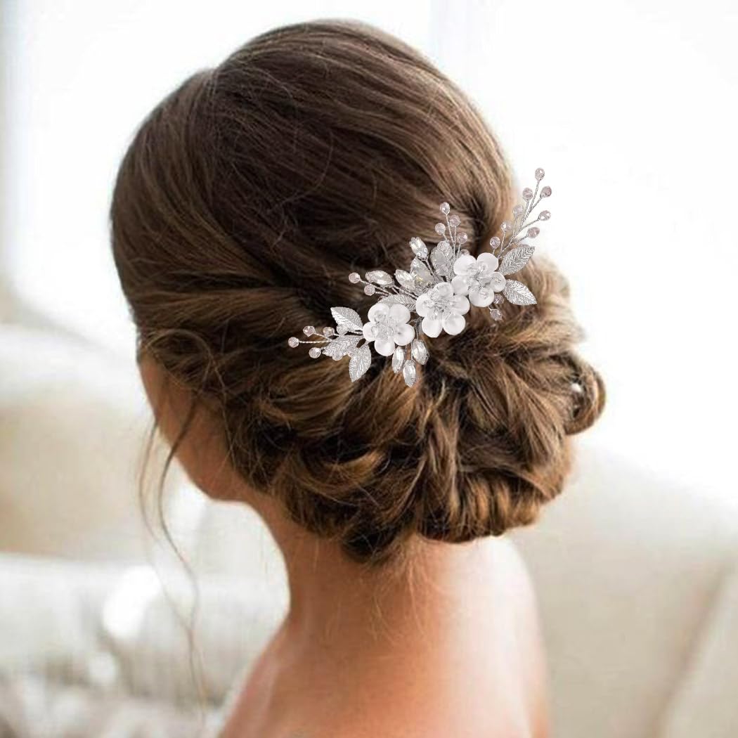 Pettinino per capelli da sposa con fiori argentati e cristalli, accessorio per capelli per donne e ragazze