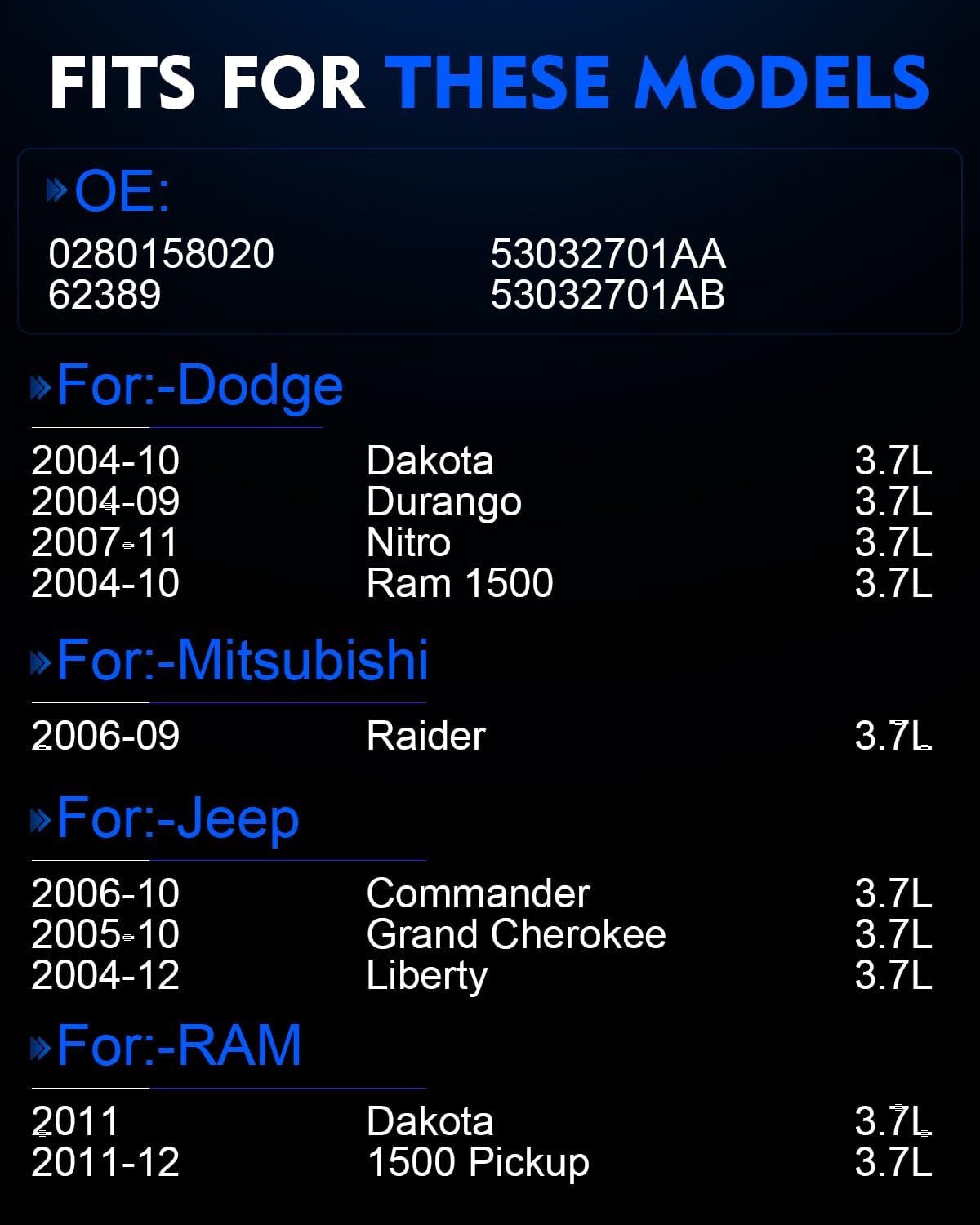 Upgraded Fuel Injectors for 3.7L Fits For:-Jeep Grand Cherokee 2005-2010 Liberty 2004-2011, For:-Dodge Dakota 2004-2010 Durango 2004-2009, for:-Ram 1500 Pickup 2011-2012, OE# 0280158020