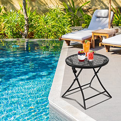 Teokj Folding Outdoor Side Tables, Anti Rust Small Patio Table Round Metal End Table With Flower Cutouts For Porch Yard Balcony Deck Lawn, Black #TOP1