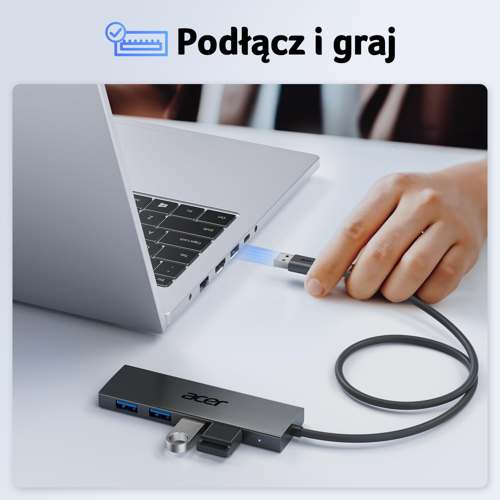 acer USB 3.0 HUB z zasilaczem USB-C, Ultra Slim Multiport Hub 4 Porty do laptopa, komputera, klawiatury, myszy, dysku twardego, MacBook Pro/Air, iMac, Surface Pro, macOS, Windows, Linux itp. - 60cm
