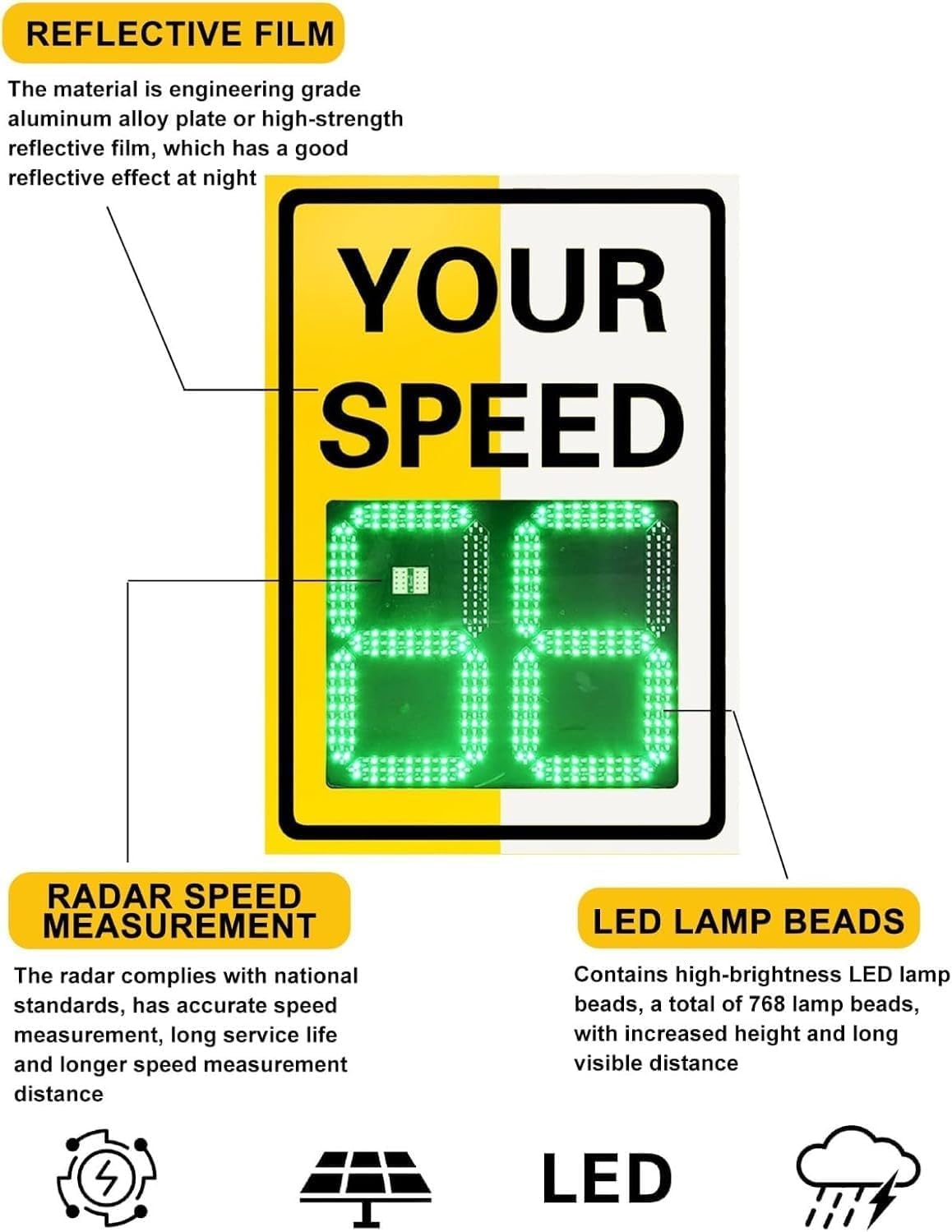 Panneau Radar De Limitation De Vitesse À Affichage Solaire, avec Retour Dinformation LED, Détection De La Vitesse Et Accessoires Complets, en Aluminium Yellow 60X75cm