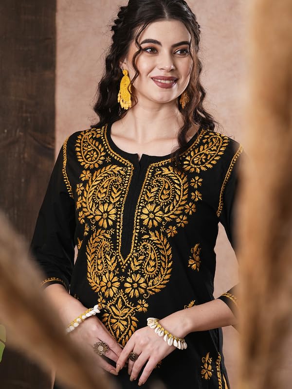 Image of Ada Hand Embroidered Lucknowi Chikankari Cotton Kurta Kurti for Women A411191
