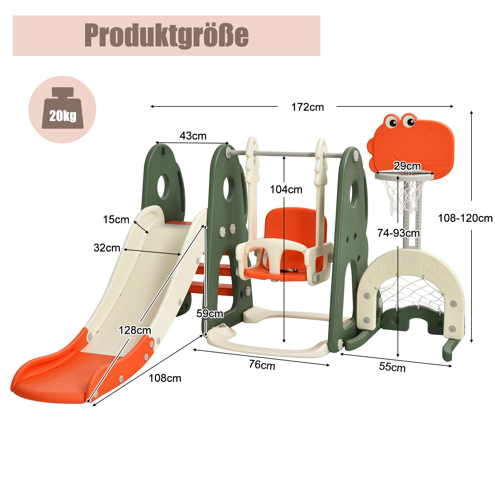 COSTWAY Plac zabaw dla dzieci 6 w 1, zjeżdżalnia i huśtawka, kosz do koszykówki, drabina, bramka do piłki nożnej i otwór golfowy, huśtawka ogrodowa, huśtawka dla dzieci, (pomarańczowa)