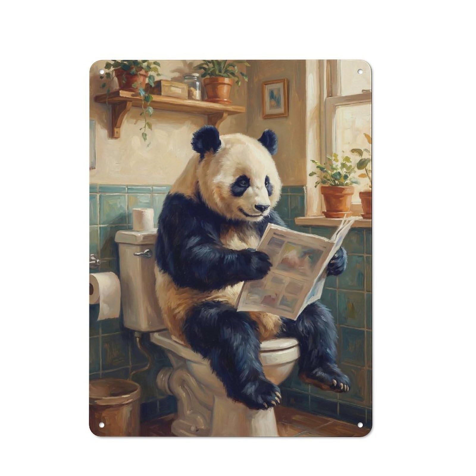 Junmoney Style-11 Panda Reading Newspaper On Toilet Retro Tin Sign 40X30cm For Café Or Restaurant, Housewarming Wall Decor For People Furnishing Café And Restaurant
