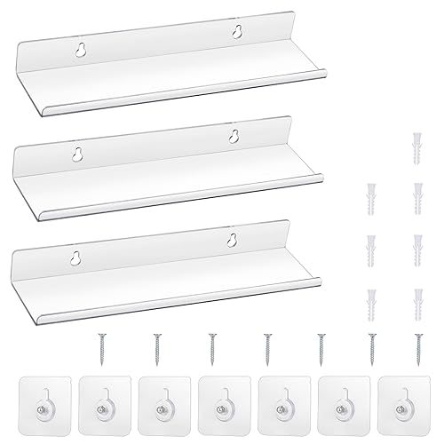 Zocipro 3Pcs Clear Acrylic Shelves, 11.8" Self Adhesive Acrylic Floating Shelves No Drill, Acrylic Wall Shelves Display Storage Shelves for Bathroom Living Room Kitchen Office