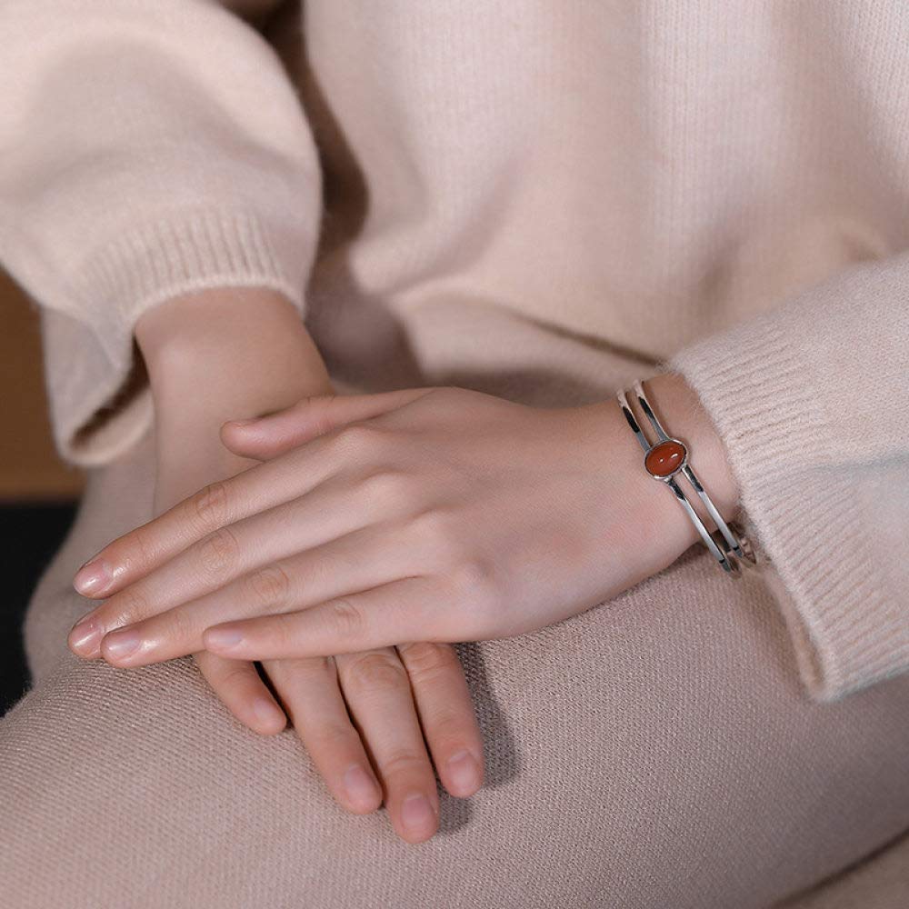 S925 Vintage Pulsera De Plata para Mujeres Hombres Oval con Incrustaciones De Ágata Roja Apertura Simple Y Sencillo Estilo Chino Personalidad Creativa Encanto Hermoso Regalo