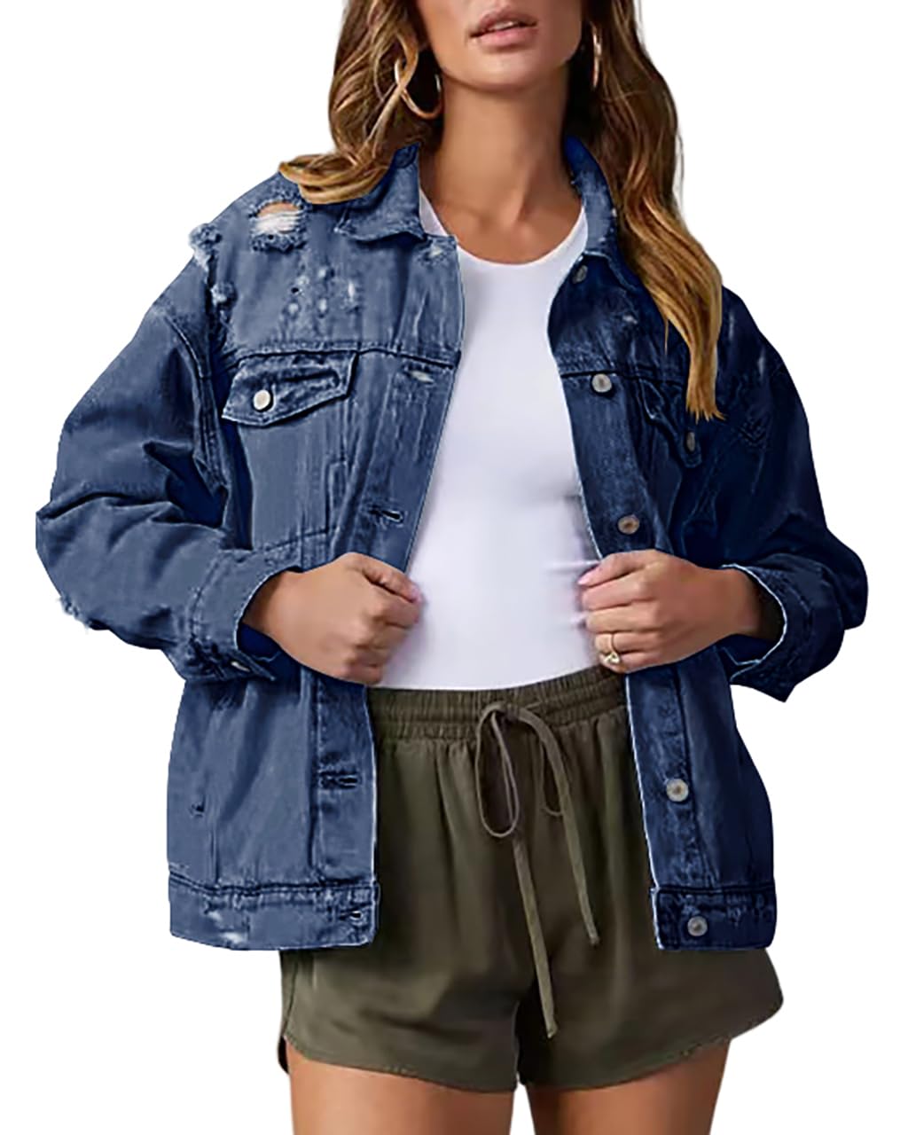 Necooer Denim Jeansjacke Distressed Authentics Damen Jeansjacke