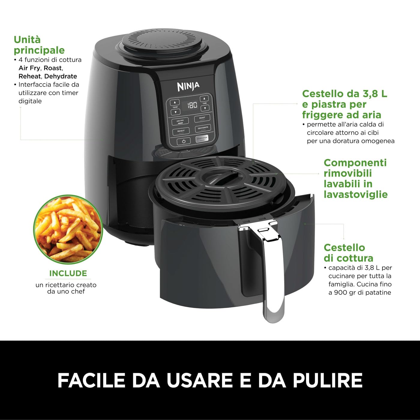 Ninja friggitrice ad aria, 3.8L, 4 in 1, digitale, cottura senza olio, frigge, arrostisce, disidrata, cestello antiaderente lavabile in lavastoviglie, 2-4 portate, grigio/nero, AF100EU