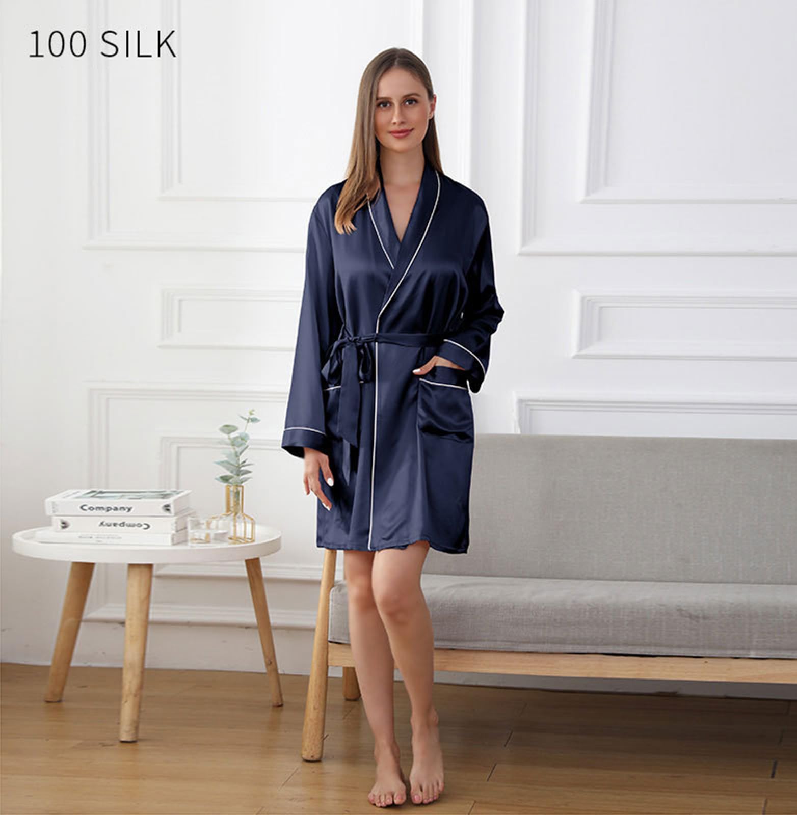 Damen Seide Nachthemden,19 Mama Sexy Satin Nacht Bademäntel Damen Satin Nachthemd,Marine,XS