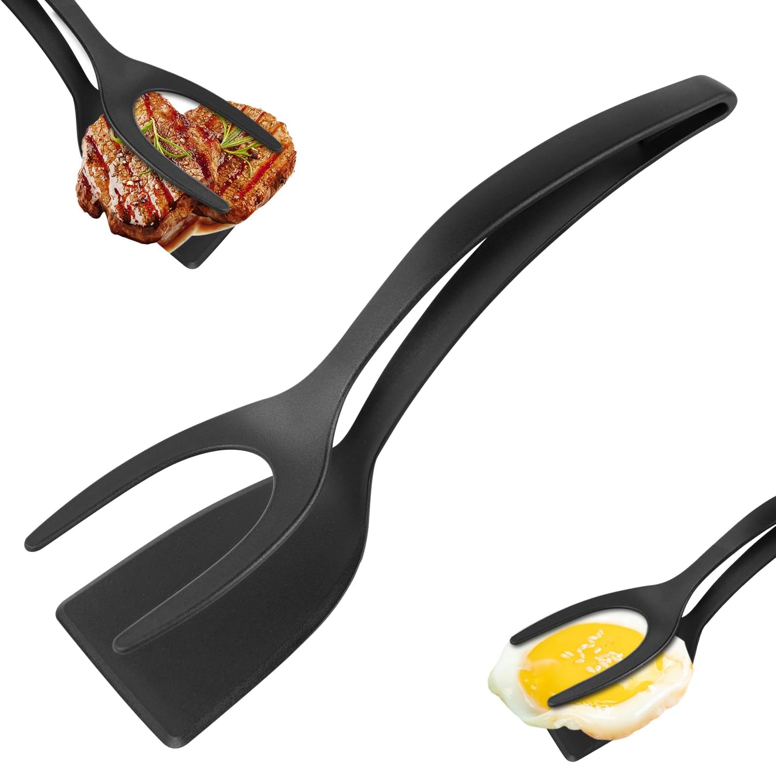 HOTUT Egg Flipper Spatula, 2 in 1 Grip and Flip Egg Spatula Tongs, Tongs Grip and Flip Fried Egg Turners Cooking Tool, Pancake Fish French Toast Omelet Making Home Kitchen Cooking Tools (Black)