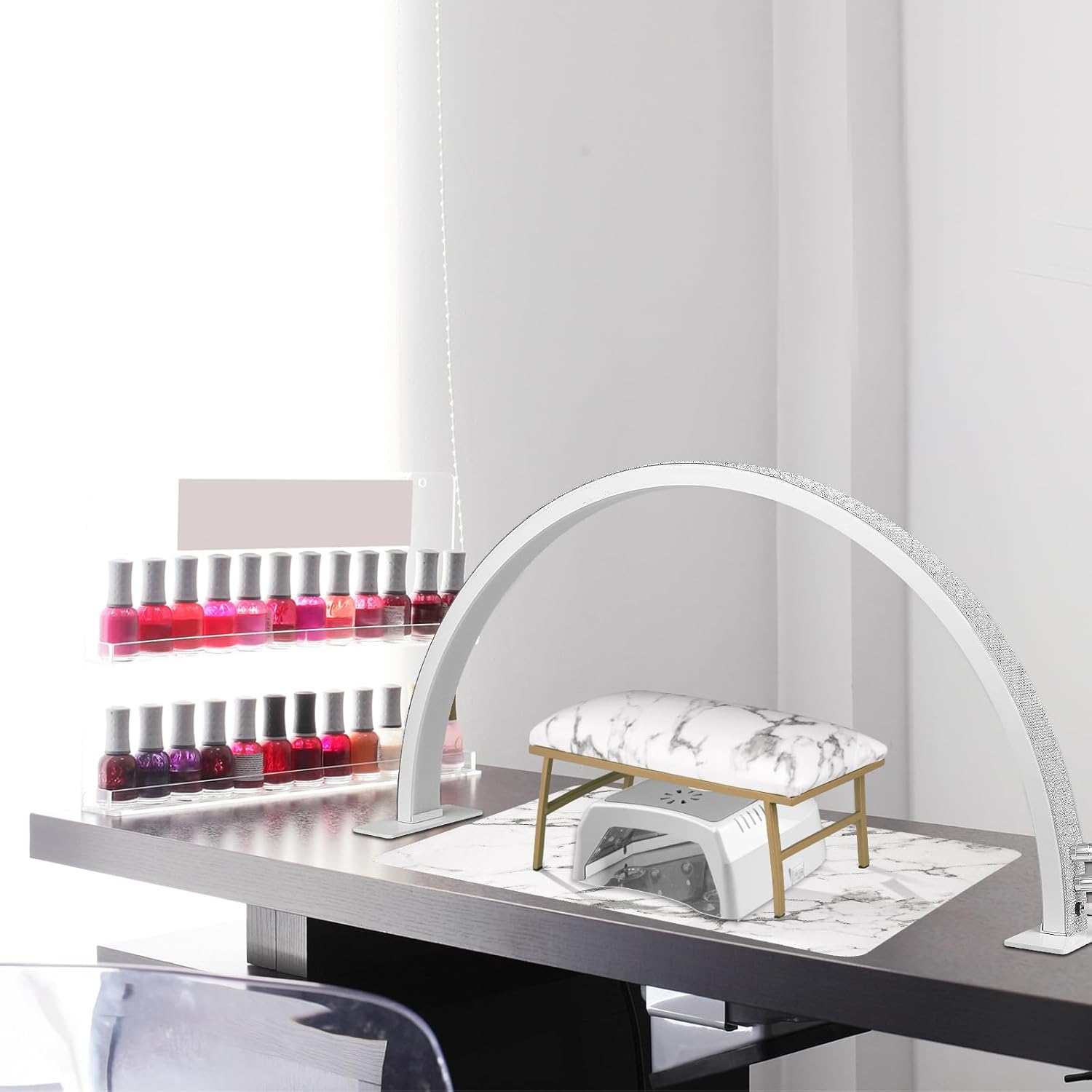 IMENE Half Moon Light for Nail Desk, 29in Nails Desk Lamp, 3000-6000k Moon Lamps Perfect LED Manicure, Lash Light for Table (White Rhinestone)