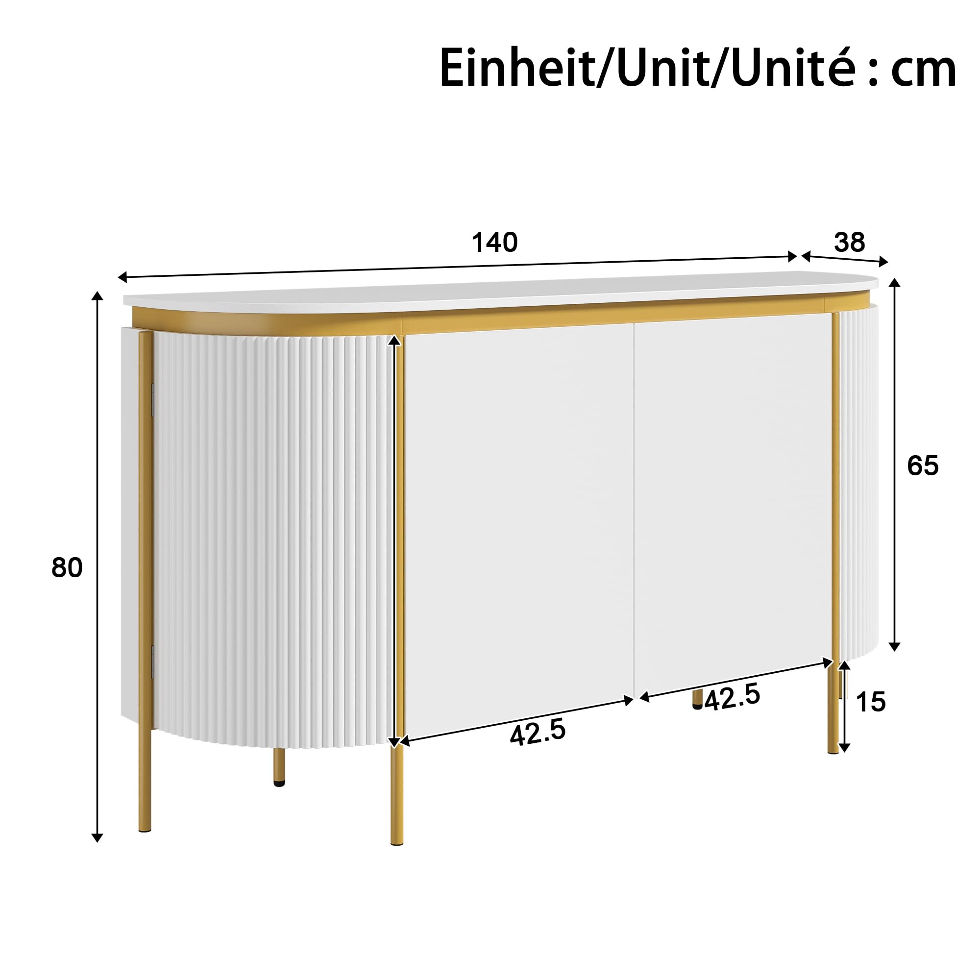 Credenza, piedini in ferro, 4 ante, ovale, con passacavi, 140 x 38 x 80 cm