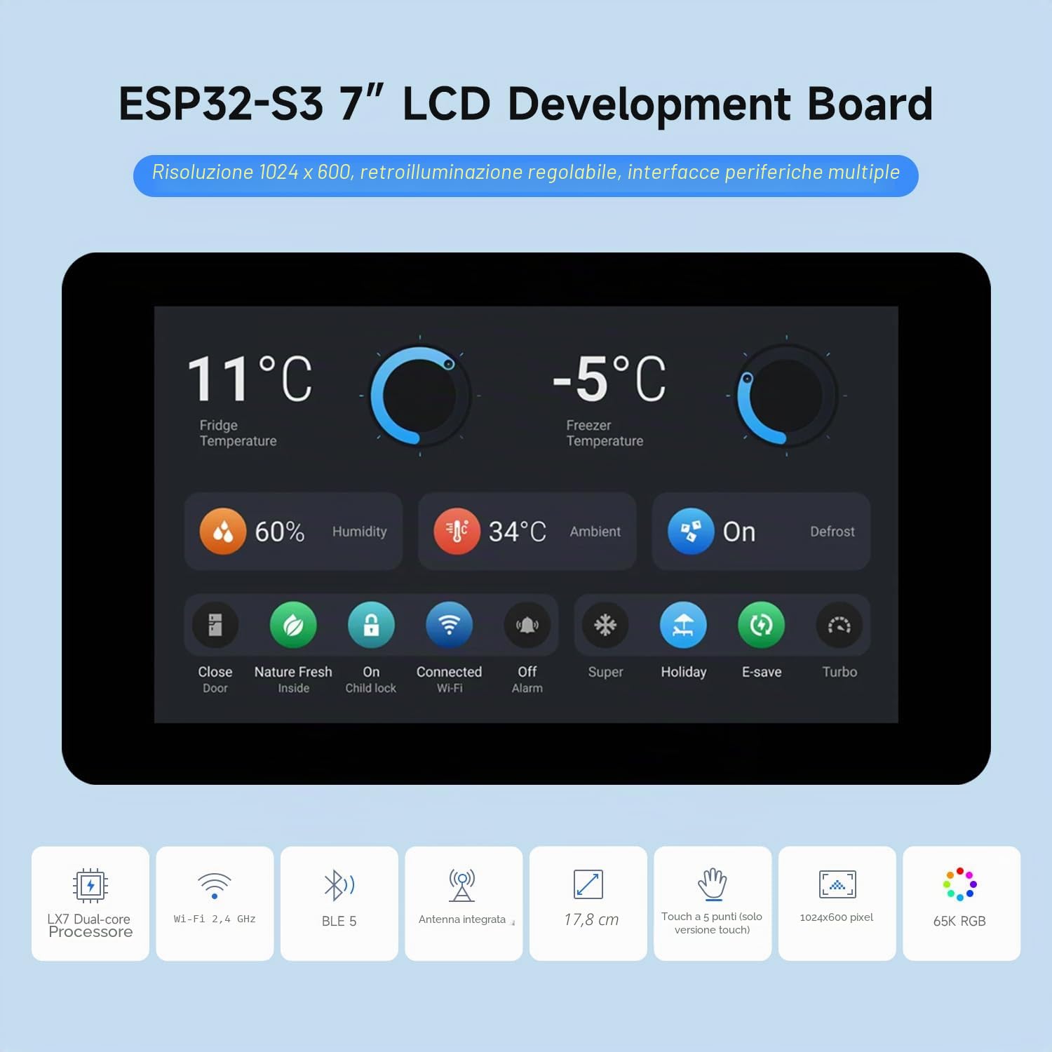 Waveshare ESP32-S3 Display 7inch LCD Development Board, 1024x600 Resolution, 32-bit LX7 Dual-Core Processor 240MHz, Wi-Fi & Bluetooth Support, Onboard Antenna, with Touch