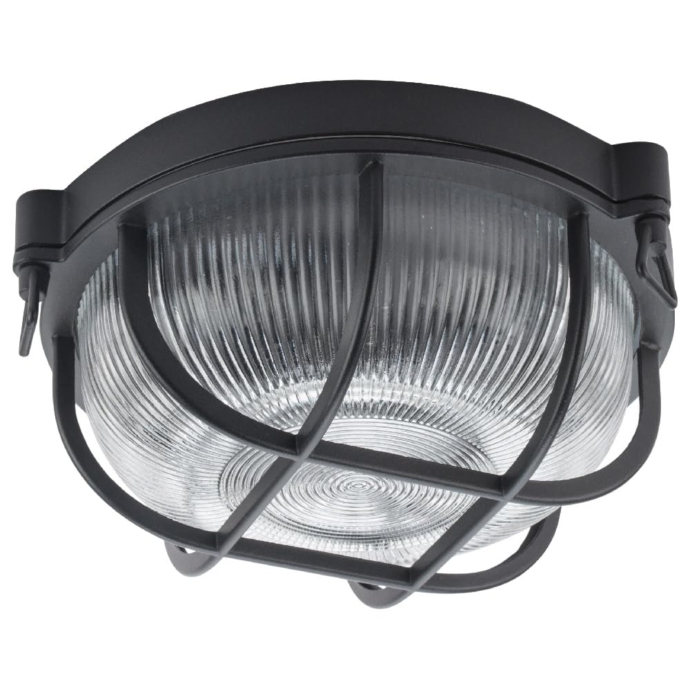 Matt Black & Ribbed Glass Outdoor Vintage Round Flush Bulkhead Wall Light | 27cm Diameter | IP44 Rated | 1 x ES E27 Lamp Bulb Required | Bathroom Use | UK Approved | Low Profile Height Only 11cm