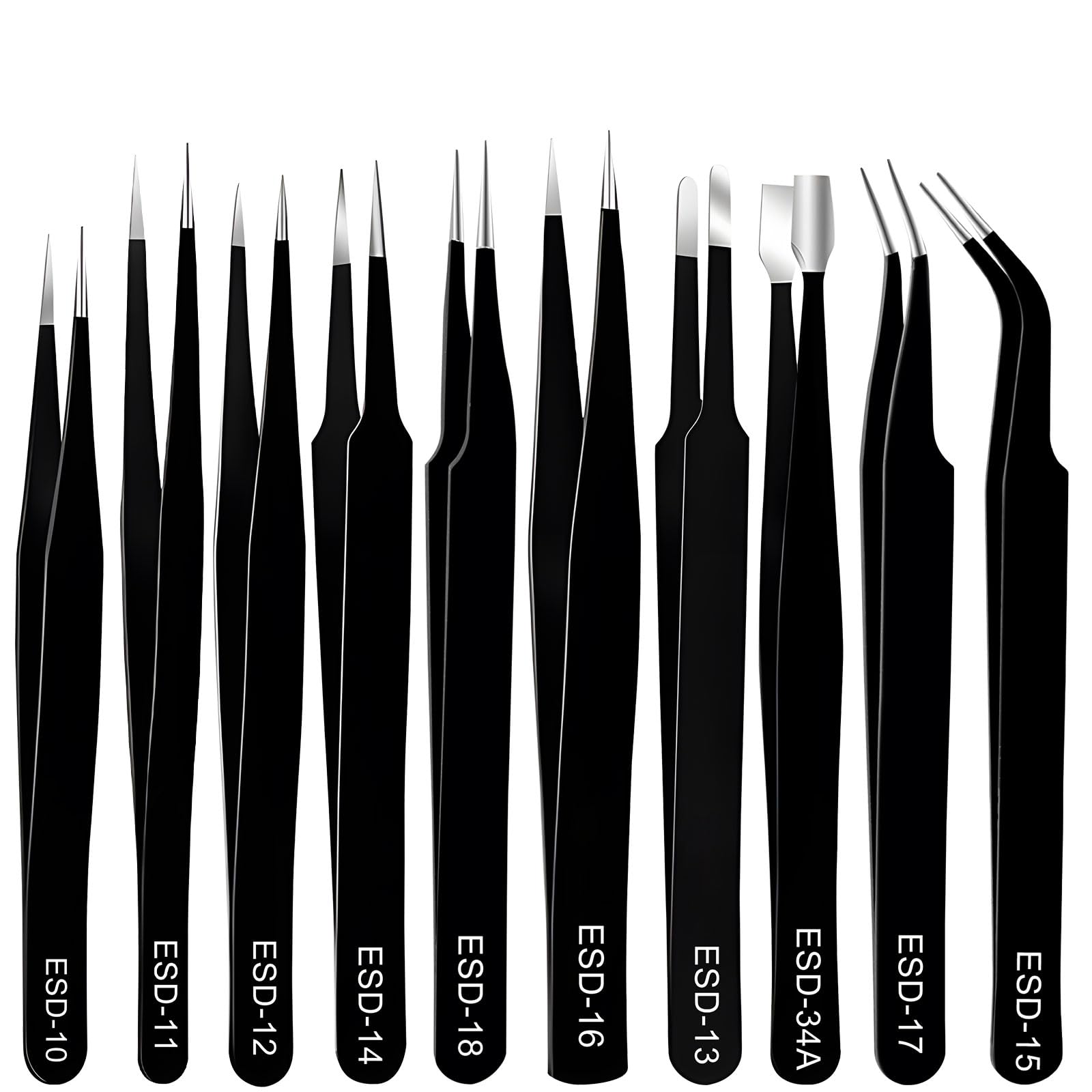 10Pcs Precision Tweezers Set, Non Magnetic Anti Static Stainless Steel Tweezers for Multi Function Craft Electronics, Jewelry Manufacturing, Repairing, Hobbies