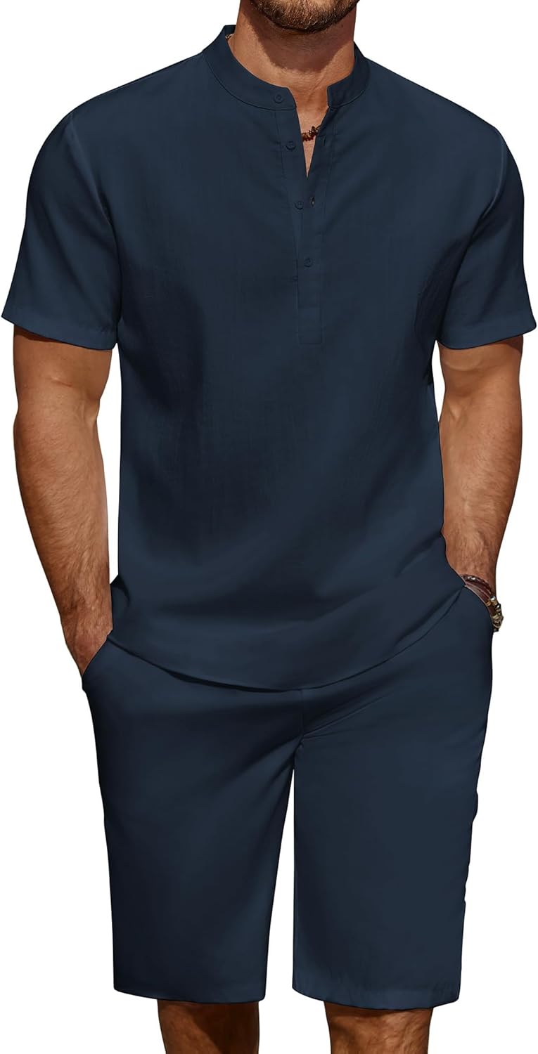 COOFANDY Men's 2 Pieces Linen Set Casual Henley Shirts Short Sleeve Beach Yoga Shorts Summer Pants Outfits