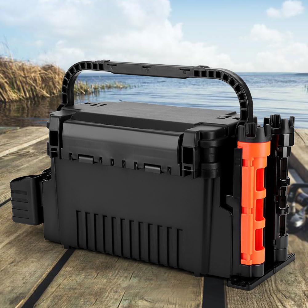 2 Tier Fishing Tackle Box Fishing Rod Reel Box with Cup & Rod Holder Fishing Gear Carry On Case Adjustable Fishing Organizer Case Large Capacity Fishing Accessories