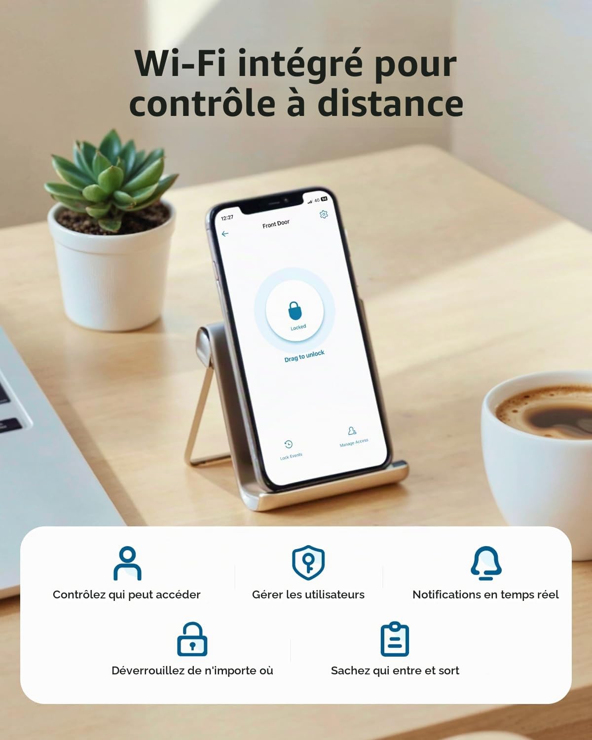 eufy Smart Lock C33, serrure de porte à clavier avec poignée, bouton de porte à empreintes digitales, serrure de porte d'entrée sans clé pour porte d'entrée et de chambre, pêne dormant électronique