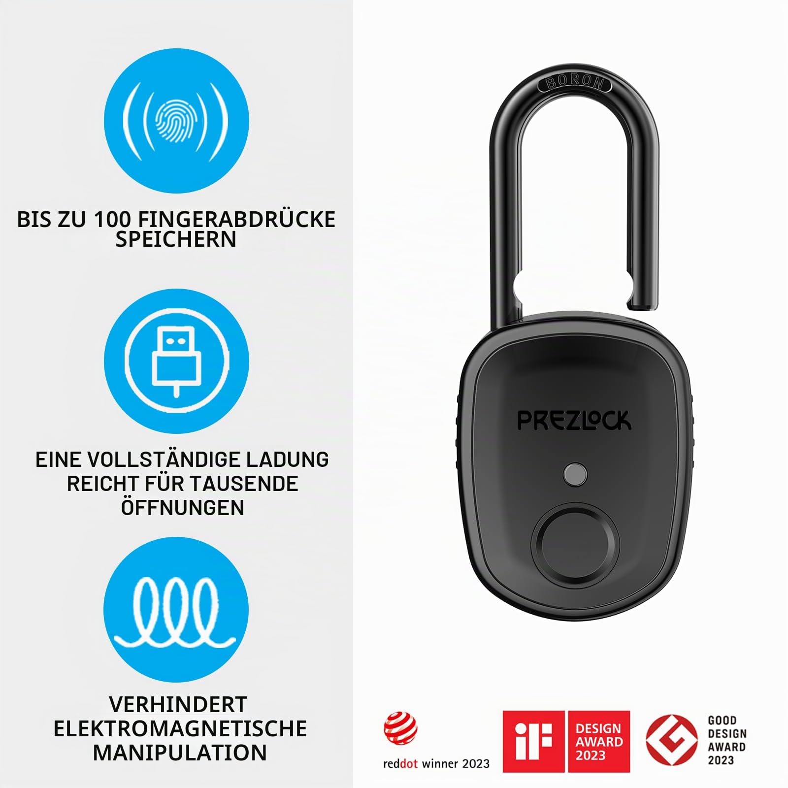 Fingerabdruck-Vorhängeschloss mit Schlüssel-Backup, 2 Schlüssel, Prezlock, geeignet für den Außenbereich und strapazierfähig, IP65 wasserdicht.