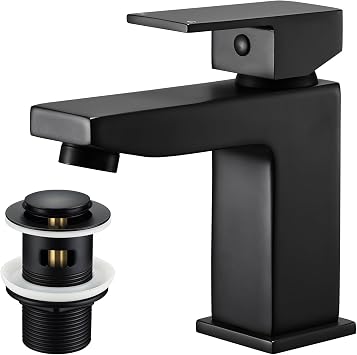 Black Square Basin Taps with Pop Up Waste, Monobloc Bathroom Sink Mixer Tap