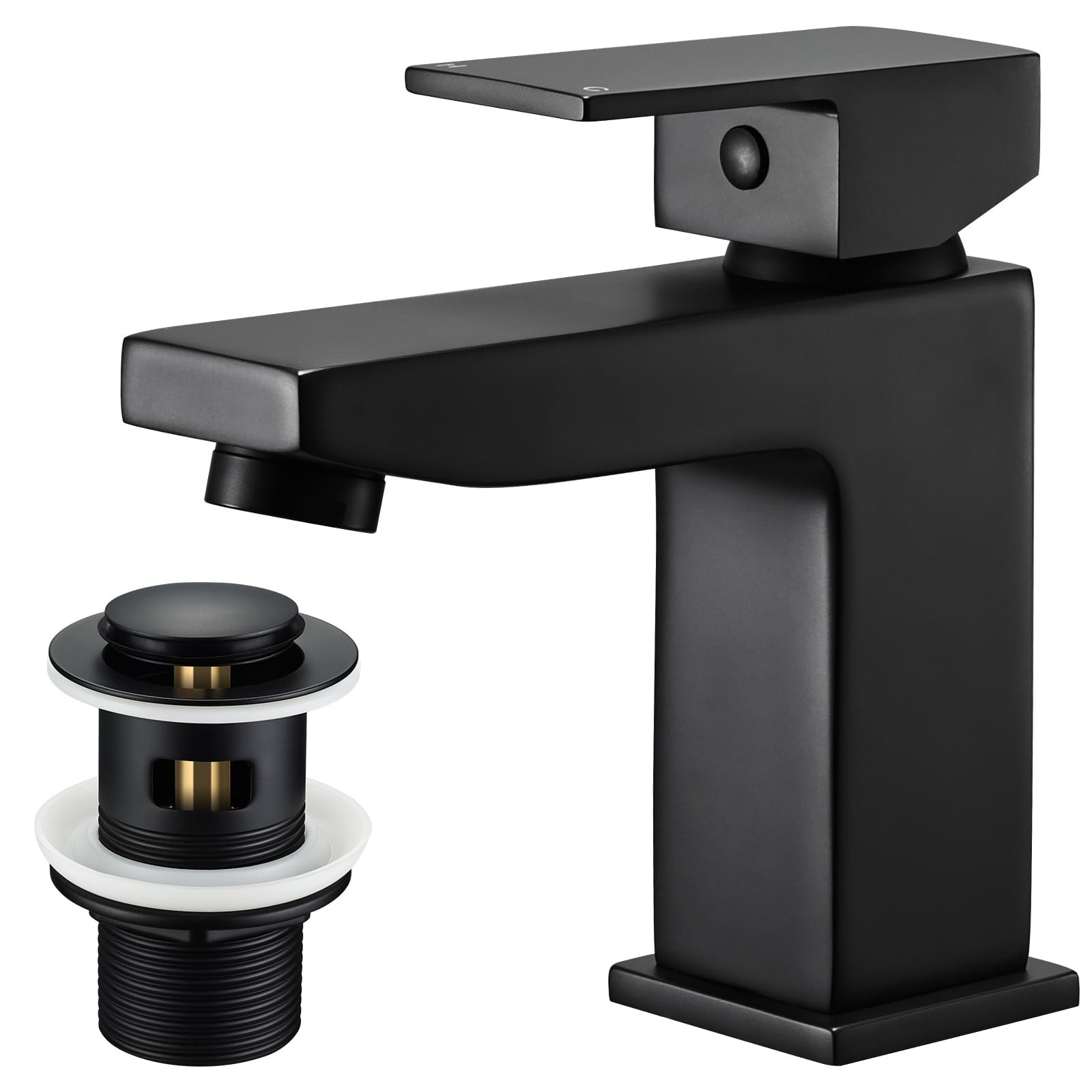 Basin Mixer Tap Black Bathroom Sink Taps with Pop Up Sink Waste, Square Basin Taps with Drain