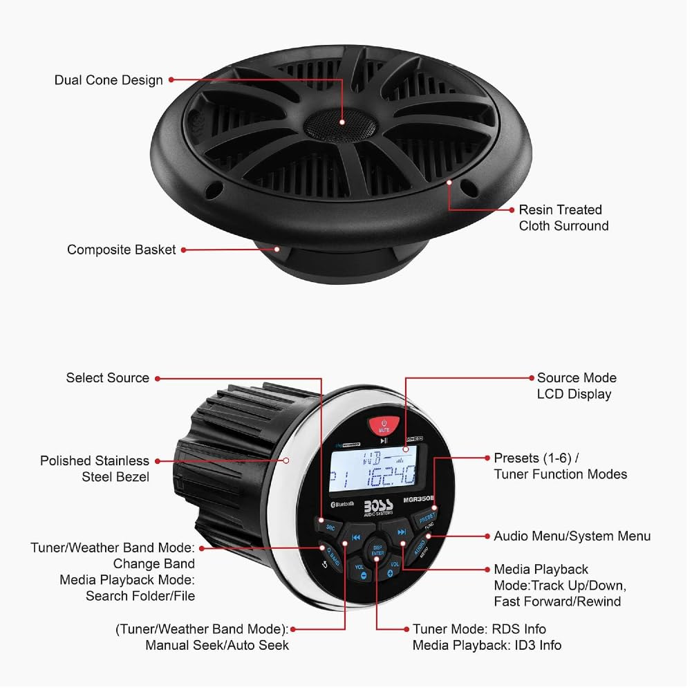 SET PER BOSS AUDIO SYSTEMS MCKGB350B.6 1 kit marino con stereo ricevitore AM/FM bluetooth waterproof, una coppia di altoparlanti MR6B 16,5 cm 90 watt rms 180 watt max, una dipole antenna, 1 kit