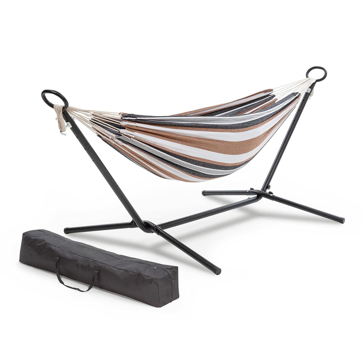 Blumfeldt Sri Lanka Swing - Tumbona a Rayas, Tamaño: 200x150 cm, hasta: 160 kg, Estructura de Acero con Revestimiento de Polvo, Tejido 65% algodón y 35% poliéster, Blanco/marrón