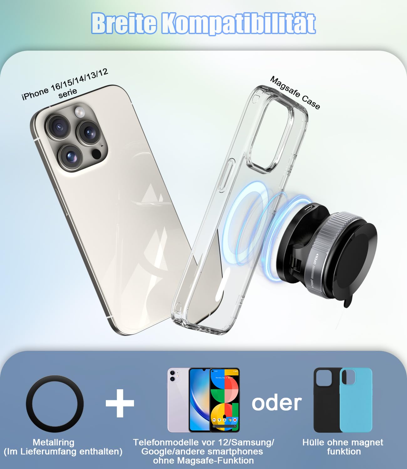 15W Schnelles Laden Autohalterung mit Ladefunktion [Vakuum Saugnapf] [360° Verstellbare & Faltbare] Kabelloses Ladegerät Handyhalterung Auto für MagSafe iPhone 17/16/15/14/13/12