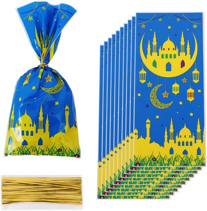 Plastic Cellophane Candy Cookie Treat Goodies Gift Bags 100pcs in 4 Muslim Colors And Castle Moon Star 4 different Patterns With Gold Twist Ties for Eid Mubarak Ramadan Muslim Islamic Eid Iftar Diwali - Image 6