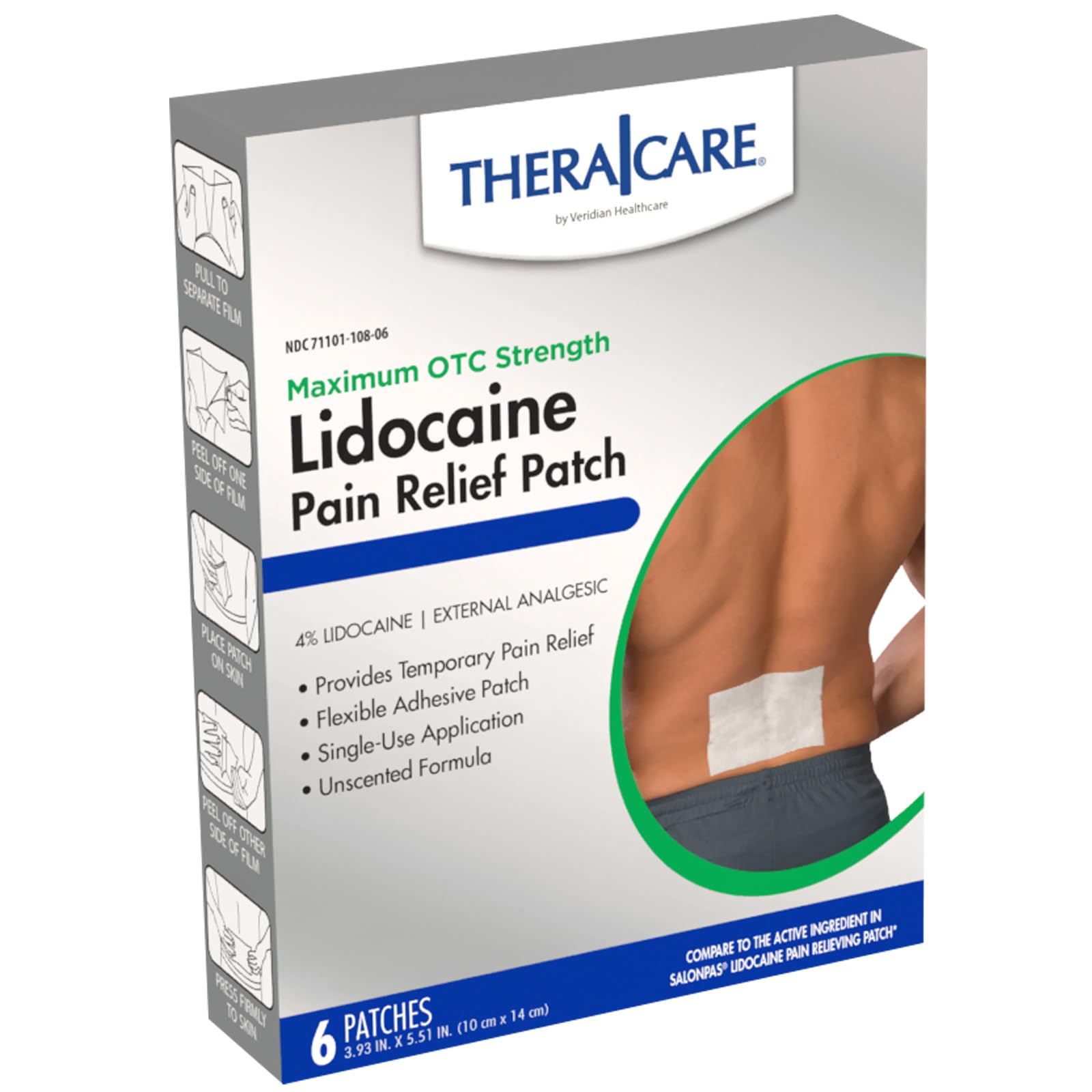 TheraCare OTC Pain Relief 4% Lidocaine Patch, 6 Count | For Back, Neck & Joints, 3.9” x 5.5”, Maximum OTC Strength, Odor-Free, Flexible Stay-On Adhesive