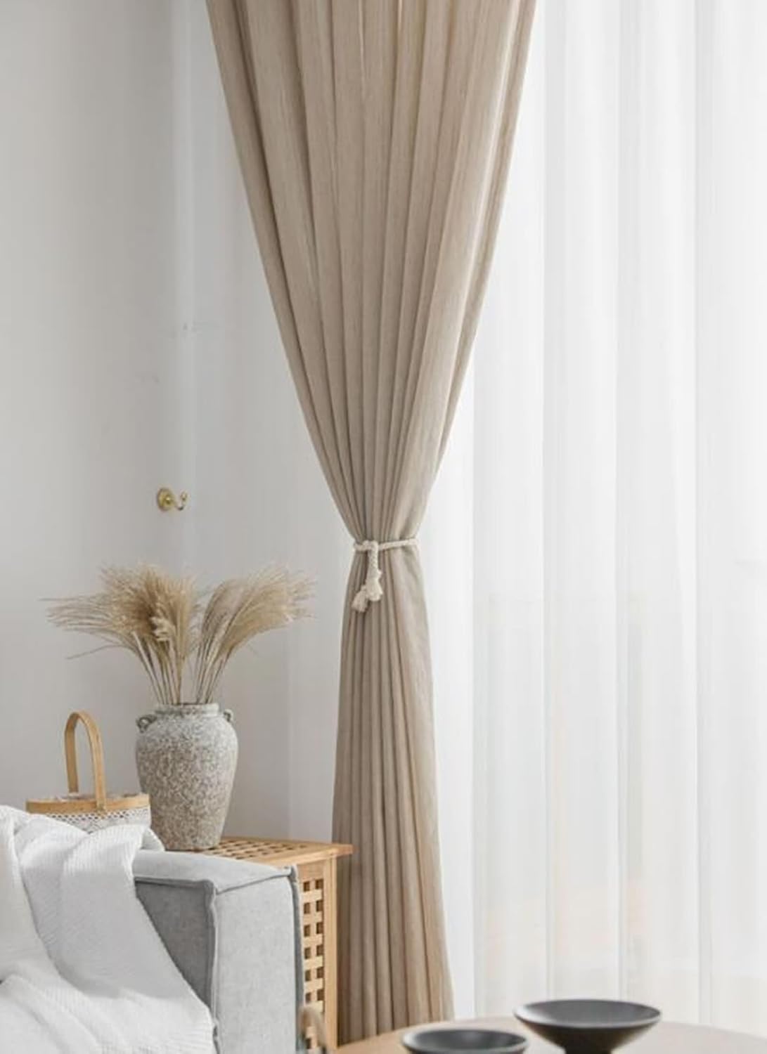 Daesar Window Curtains 2 Panel Sets 96 Inch Length, Hooks Tulle Curtains Solid Color Texture Pattern Window Voile Panels/Drapes/Treatment for Bedroom Living Room, 40x96 Inch Light Coffee