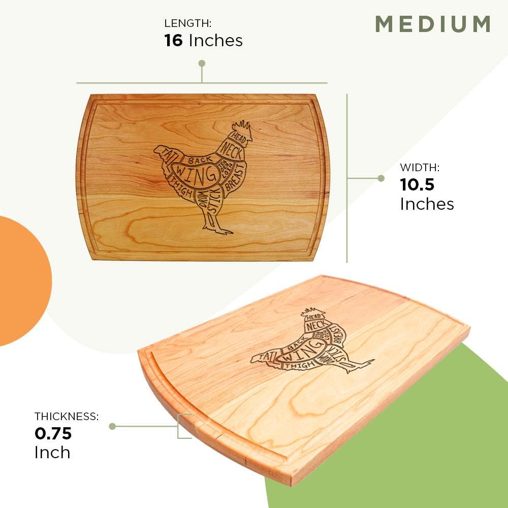 Chicken Cuts-Wooden Cutting Board for Kitchen Juice Groove Natural Custom Engraved in USA, Christmas Wedding Anniversary Birthday Present, Housewarming New Home (Cherry 10.5x16 Inch)