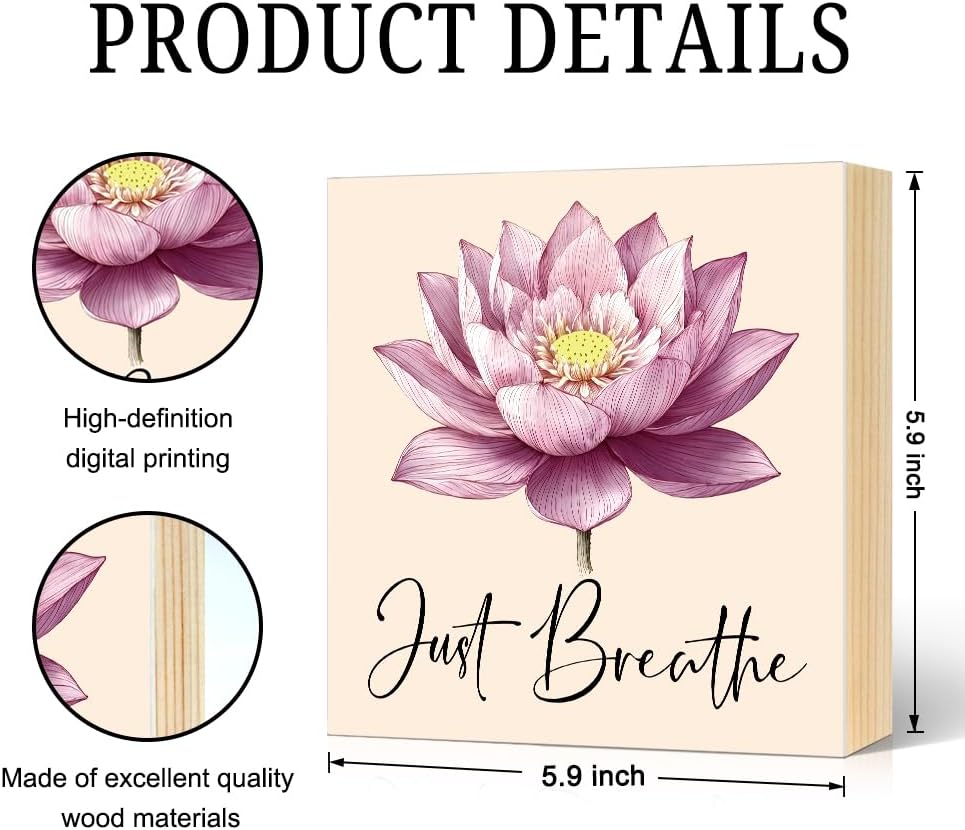 Just Breathe Inspirational Wood Block Plaque Box Sign for Home Living Room Coffee House Bar Shelf Table Decoration, Lotus Flower Meditation Art Decor Gifts for Women Friends Yoga Teacher - Image 2