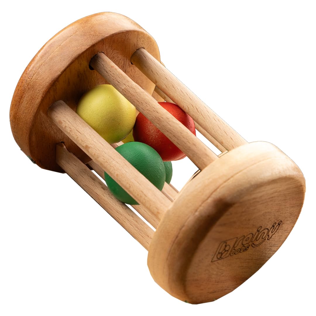 Brainytots Rolling Drum Rattle | Neem Wood Rattle | Montessori Inspired Educational Toy | Improves Fine and Gross Motor Skills | Improves Grasp and Auditory Stimulation