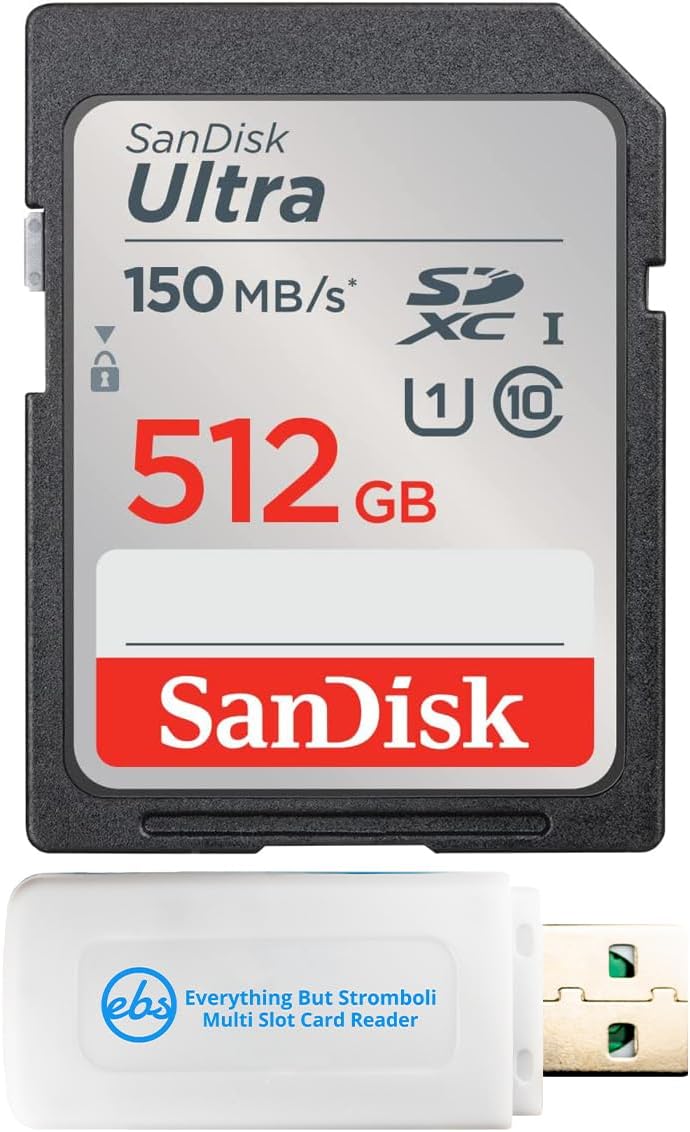 SanDisk 512GB Ultra SDXC UHS-I Memory Card Up to 150MB/s C10 U1 Full HD SD Card (SDSDUNC-512G-GN6IN) Bundle with (1) Everything But Stromboli MicroSDXC & SD Card Reader