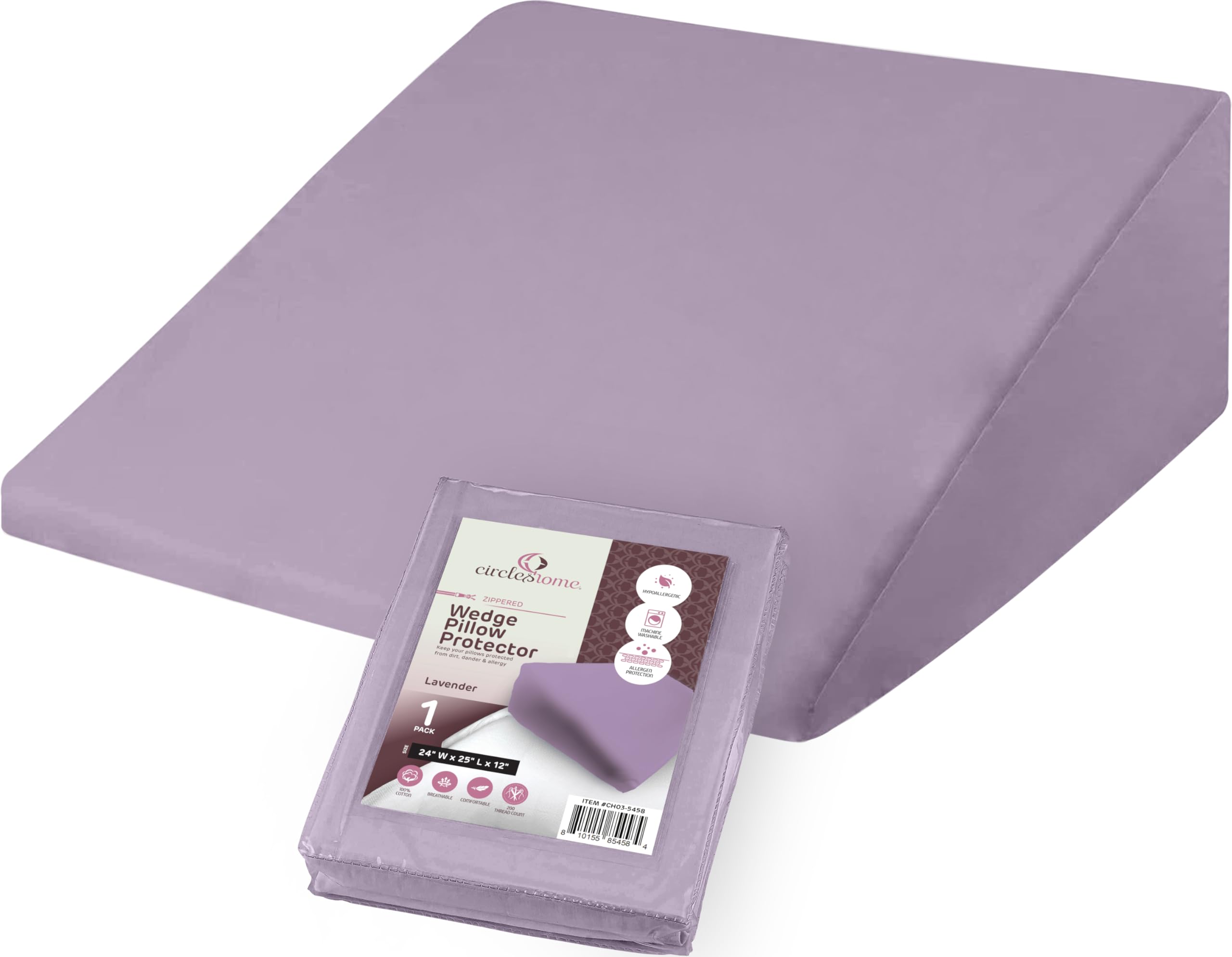 Circleshome 5 - Lavender Wedge Pillow Cover 100% Cotton, Zippered Wedge Pillow Case Protector, Soft, Hypoallergenic & Breathable -Lavender, (24Wx25lx12)