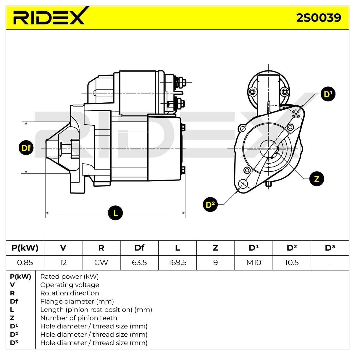 RIDEX 2S0039 Démarreur pour voiture 12V, 0,85KW, Compatible avec RENAULT Clio 3 3/5 portes BR0/1, CR0/1 2330000QAY 7701499651 8200369521
