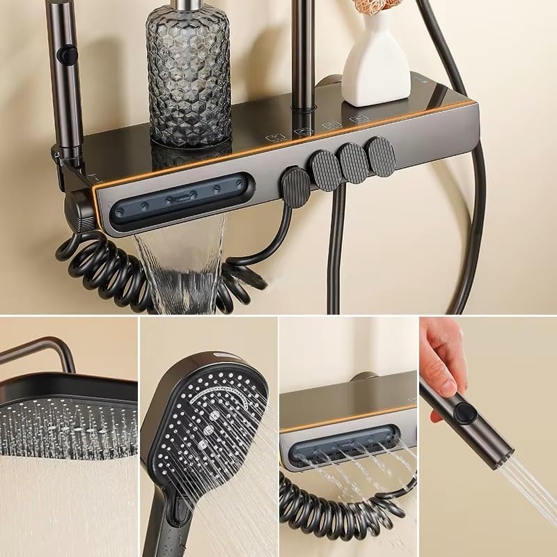 Image of X-XONIER Luxury Thermostatic Shower System with Rainfall Showerhead, 5-Way, Piano Key, Mixer Valve, Integrated Storage Shelf, 3 Ways Multi-Function Handheld Spray, and 2 mode Bidet Sprayer. Grey