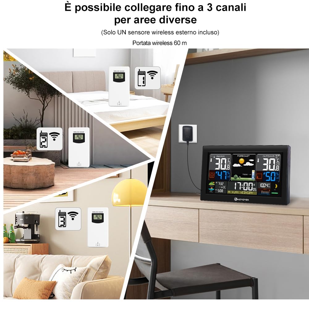KETOTEK Stazione meteo wireless per interni ed esterni, con sensore, LCD, termometro igrometro, radiosveglia DCF, barometro, previsioni meteo, tramonto in città, calendario, fase lunare
