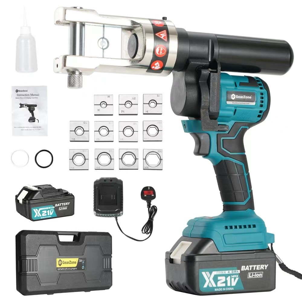 Electric Battery Hydraulic Cable Lug Crimping Tool Auto-Oil-Return 90KN / 9Ton Hydraulic Electrical Wire Terminal Cable Lugs Crimper with 2PCS Batteries and 11 Dies, 16mm to 300mm