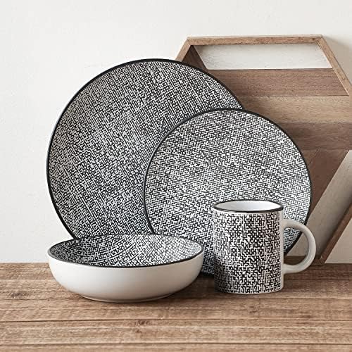 Stone + Lain Sophie Rustic Stoneware Dinnerware Service for 4, Black and White Textured, 16 Pieces