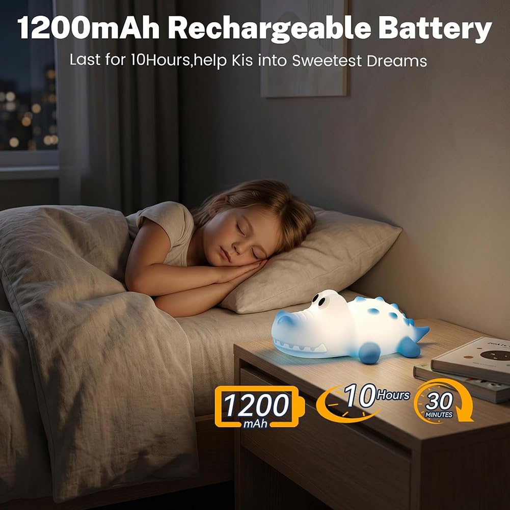 Luce Notte per Bambini a LED, Luce Notte a Forma di Coccodrillo per Neonati 3000K Lampada Calda e Modalità RGB Lampada per Bambini in Morbido Silicone con Timer da 30 Minuti,Blu