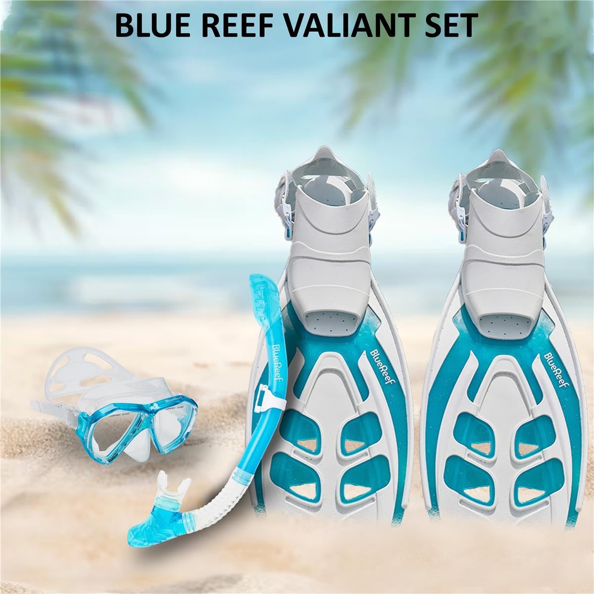 Blue Reef Sentinel Snorkel Mask Set Small/Medium, Turquoise, Snorkeling Gear for Adults Set Includes Sentinel Mask w/Twin Tempered Glass, Cortes Dry Snorkel, Bay Fins and Mesh Bag