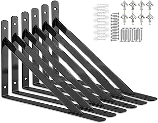 Heavy Duty Shelf Brackets 10 x 6 inch, 6 Pack Wall Shelf Brackets with 90 Degree Triangle, Black Metal Shelf Brackets, Triangle Shelving Brackets