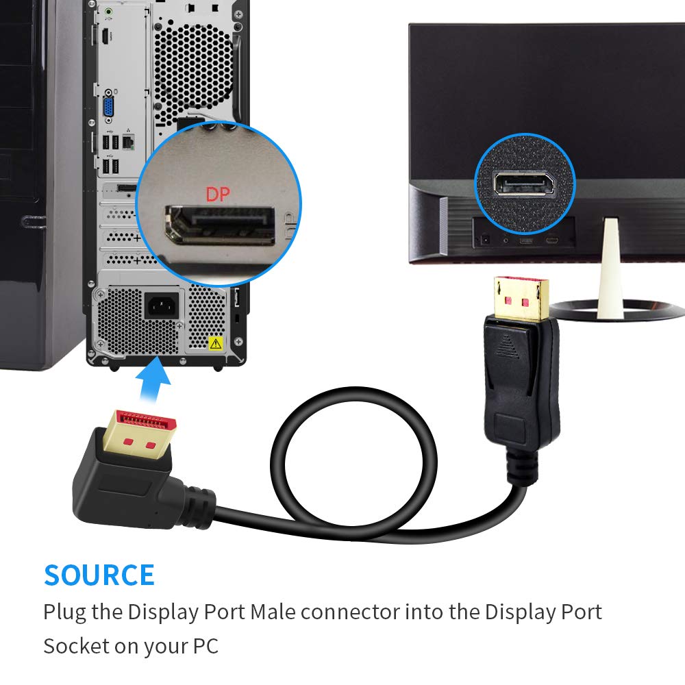 Cable adaptador Displayport 1.4 de 90 grados, cable de puerto de visualización de ángulo recto en ángulo izquierdo 8K/60Hz, 4K/144Hz 6ft/1.8m macho/macho de alta velocidad para SSUPD 5
