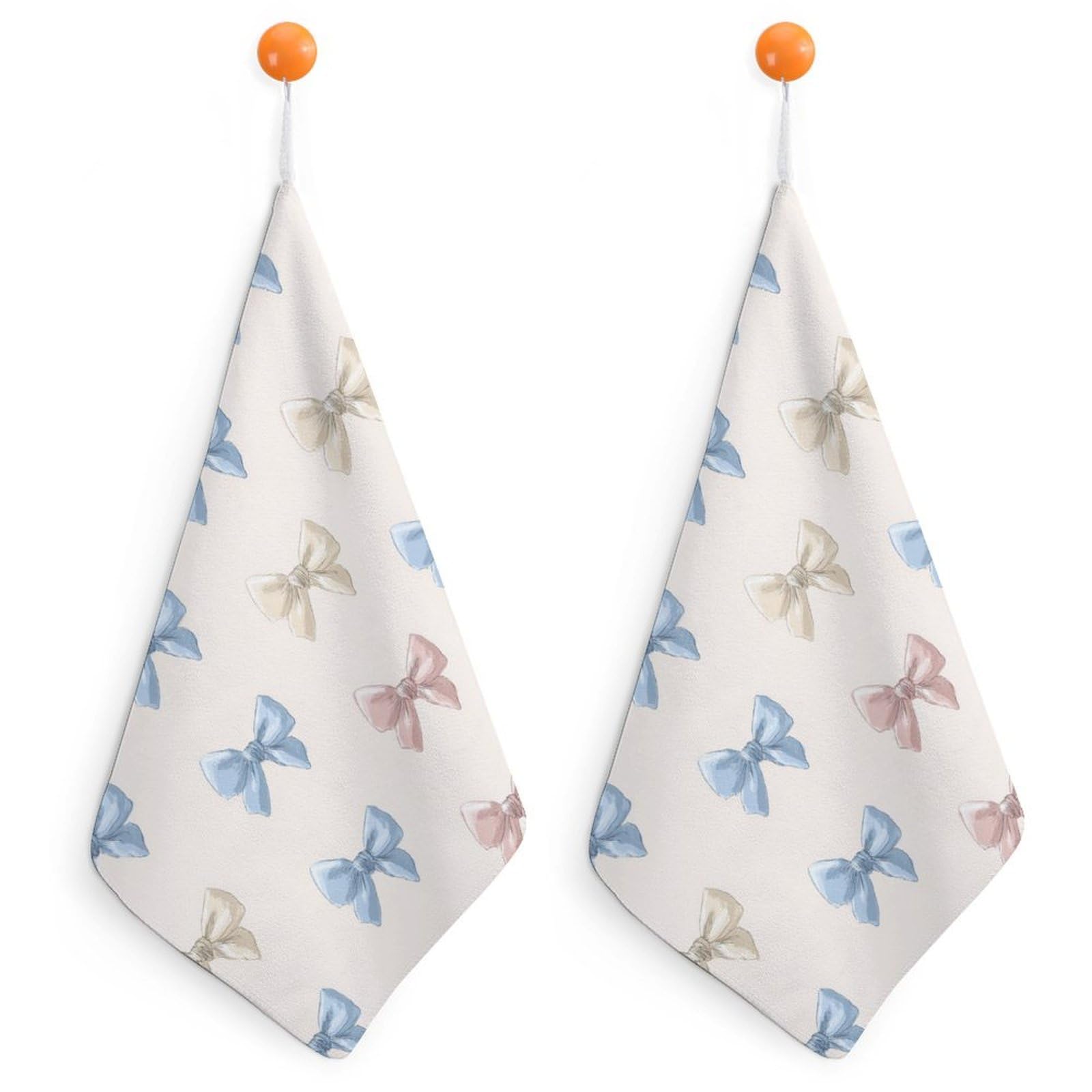 Jubonexis Feminine Satin Ribbon Bows Blue Pink Cream Small Hand Towel with Hanging Loop 2 PCS Absorbent Soft Wash Cloth for Kitchen Bathroom