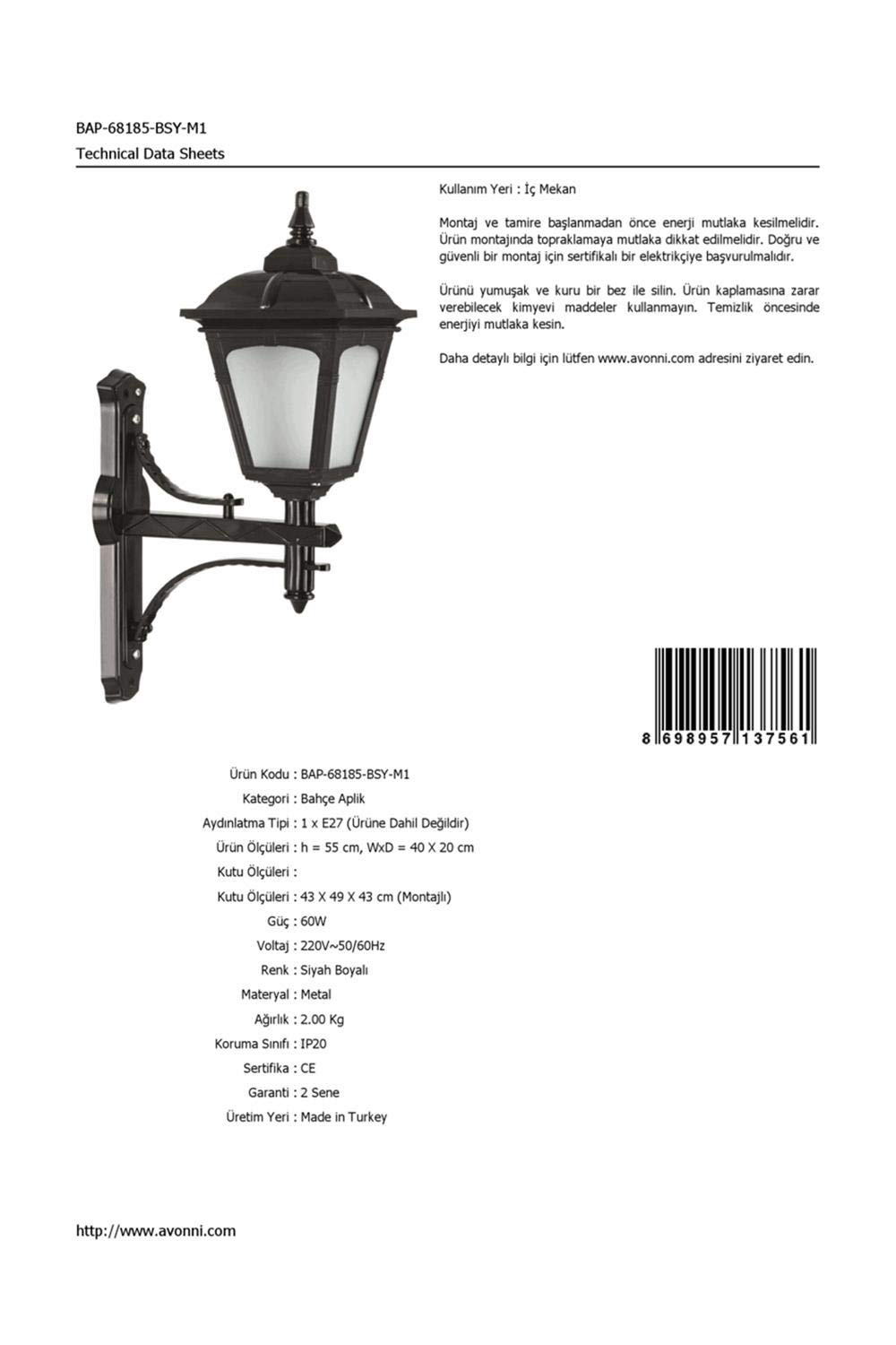 Avonni 68185 Bahçe Aplik, 60 w, Siyah