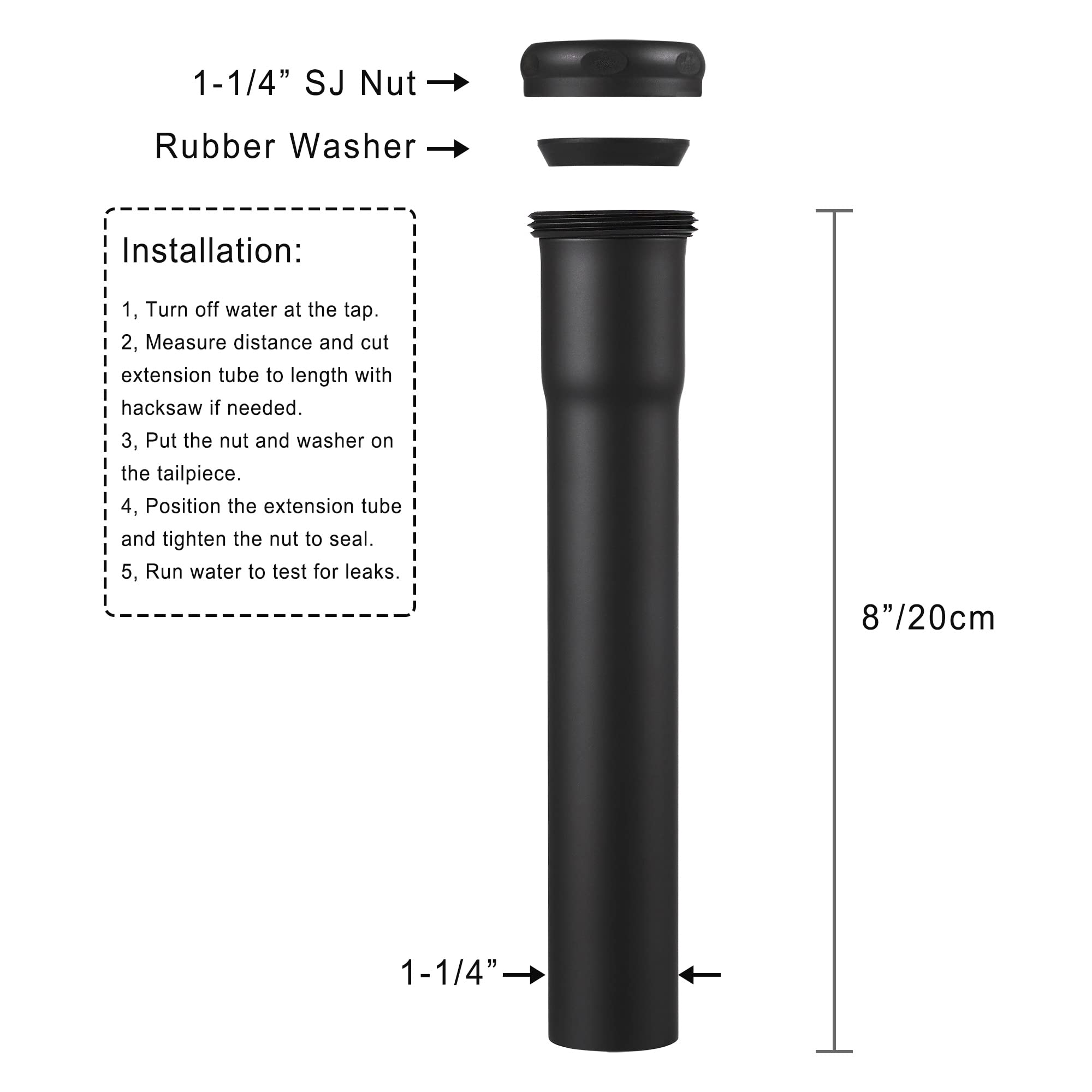 Tubo de extensión de junta deslizante de latón de calibre 18 de 1-1/4 pulgadas de diámetro exterior x 8 pulgadas con tuerca y arandela de goma, tubo de extensión de trampa P, extensión de tubo de