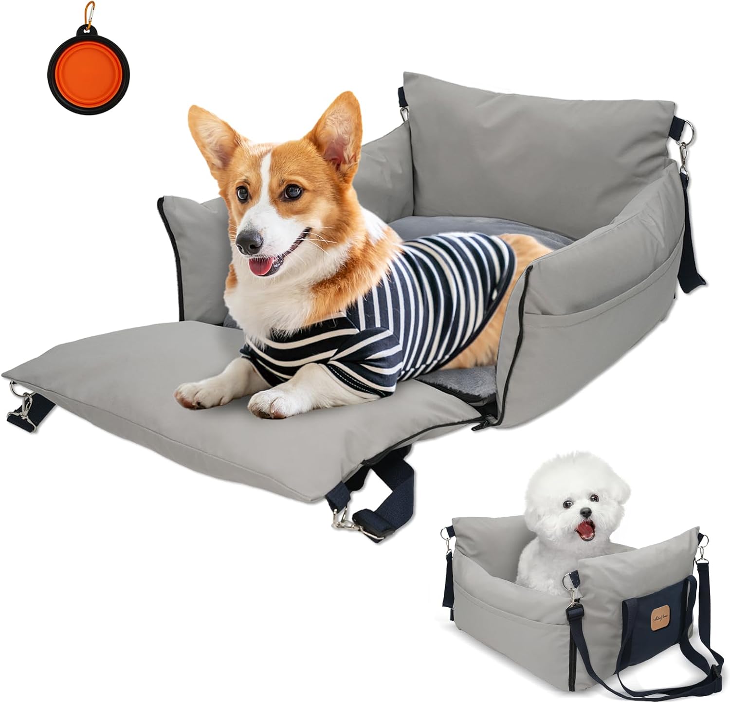 MILA&LOUIS Dog Car Seat 5 Side Waterproof, for Medium, Booster Seat with Safety Leash, Bed Cover with Storage Pockets, Small Pet Carrier Bed for Travel and Home